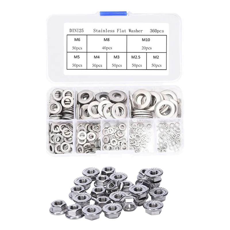 

2 Set Accessories:1 Set Flat Washers Sealing Ring Washers Assortment Set 8 Sizes & 1 Set Serrated Flange Metric Hex Lock Nuts M6