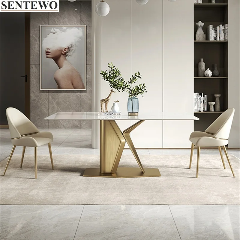 

Роскошная каменная плита, обеденный стол, набор из 4 стульев, металлический титановый золотистый каркас, искусственный мрамор, стол, кухонна...