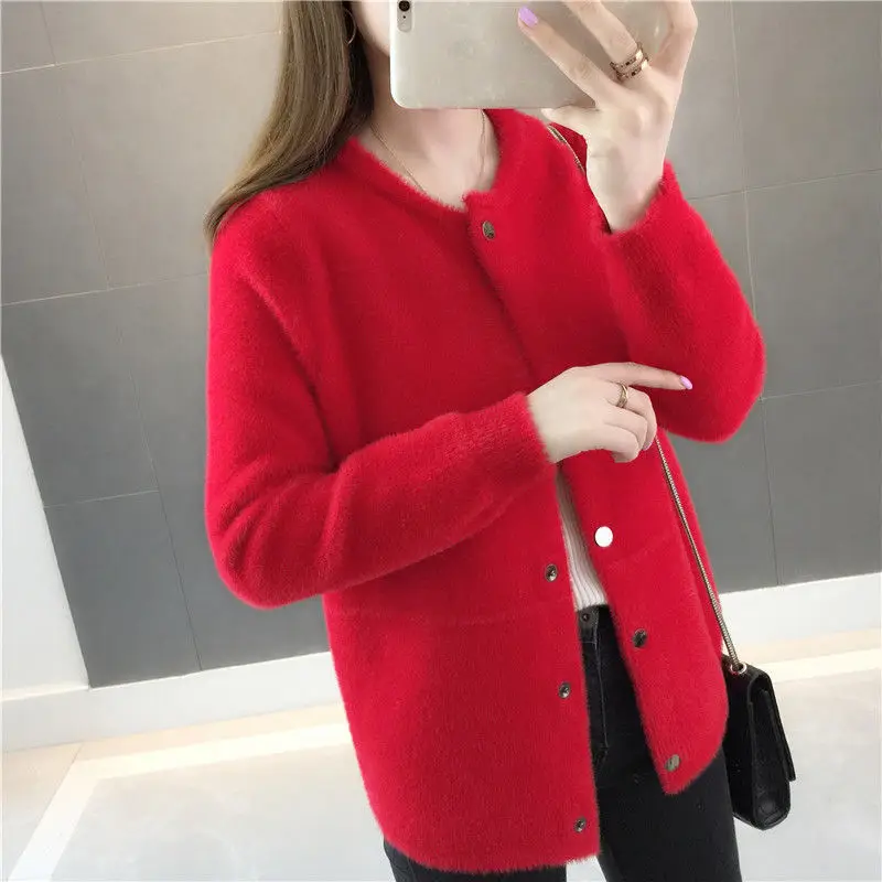 

Autumn Winter Mink Fur Sweater Coat 2023 New Women's Hairy Soft Loose Velvet Long-sleeved Cardigan White Black Red Khaki Jackets