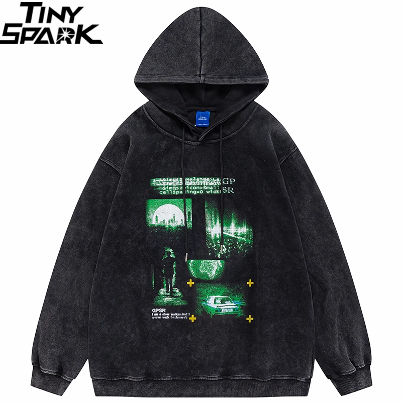 

2022 Hoodie Sweatshirt Men Streetwear Green Light Graphic Hooded Pullover Cotton Harajuku Vintage Washed Black Hoodie Hip Hop