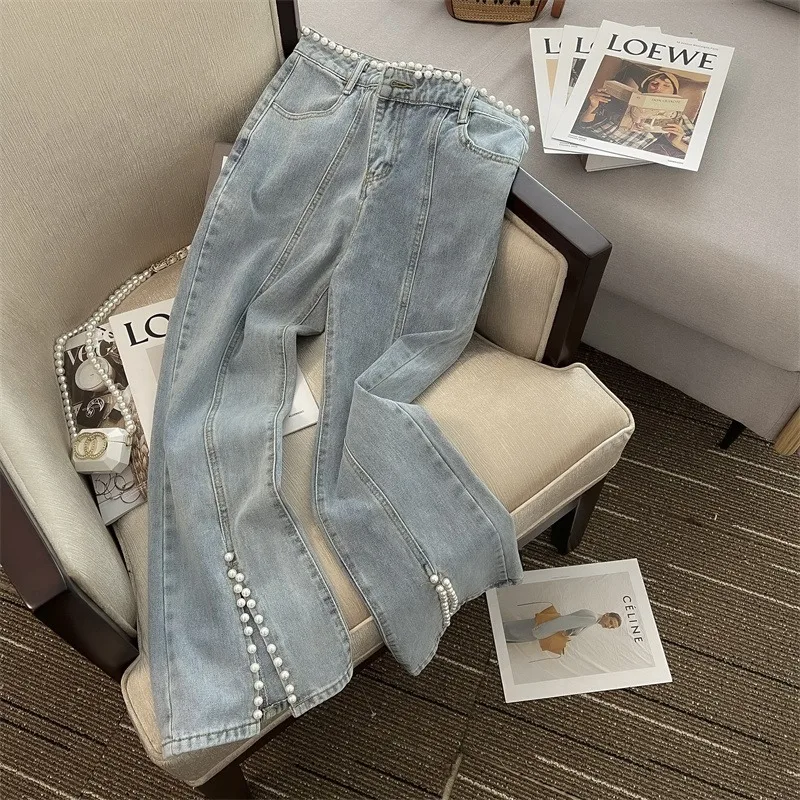 

Women Pearl Blue Jeans Spring Fall Slim Korean Kawaii Patchwork Straight Split High Waist Wide Leg Denim Pants Female 2023 New
