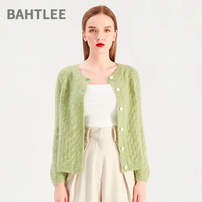 

Женский мохеровый кардиган BAHTLEE, вязаный однотонный кардиган с круглым вырезом и длинными рукавами, 3 цвета, весна