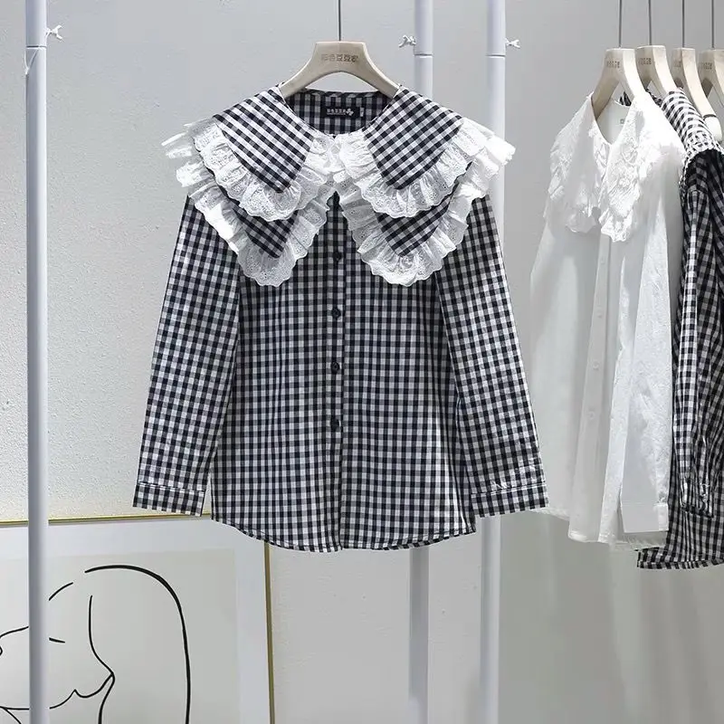 

Peter Pan Collar Contrast Color Plaid Patchwork Shirts Single-breasted Loose Blusas Korean Fashion Age Reducing Chic Blouses
