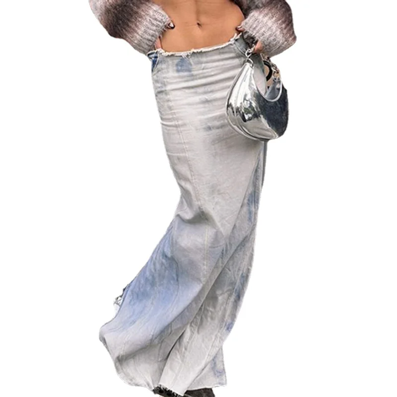 

Women's Street Denim Skirt Low Waist Simple Split Back Gradient Color Light Blue Floor-length