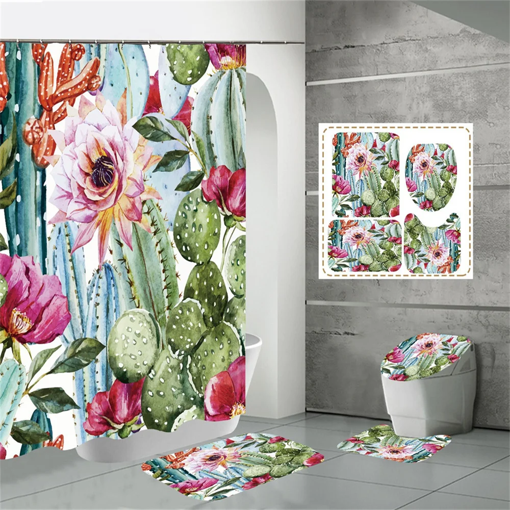 

Tropical Plant Cactus Shower Curtains Set With Hooks Waterproof Shower Curtain and Toilet Cover Mat Set Green Non-slip Bath Rugs