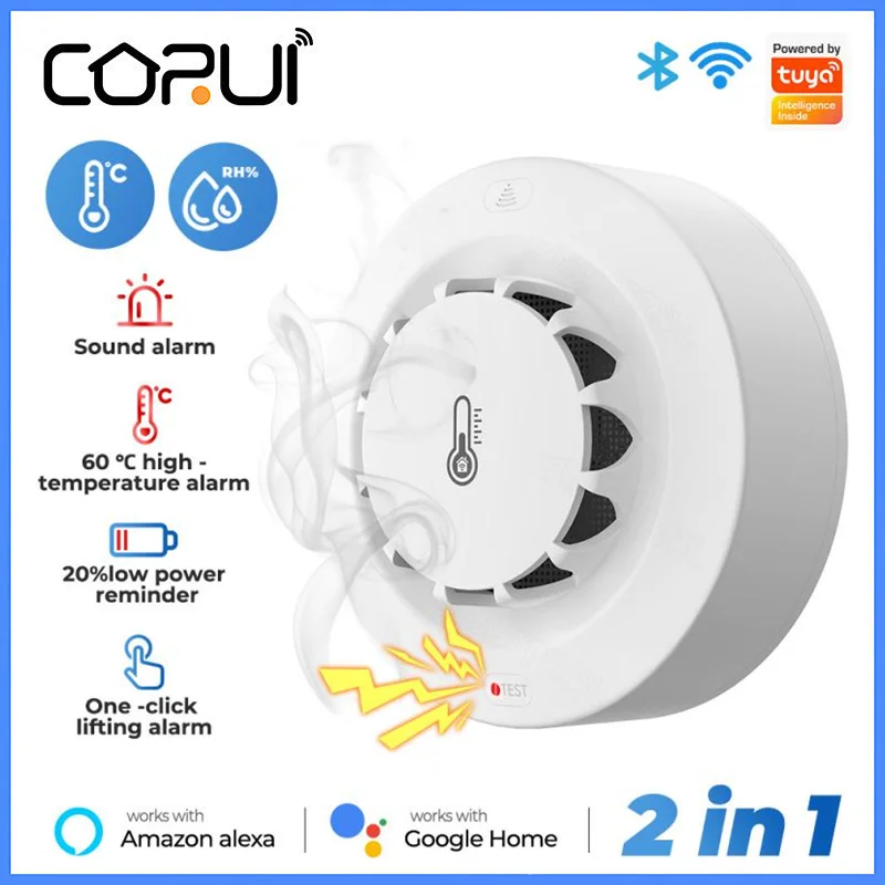 

CoRui Tuya WiFi Smart Smoke Alarm Temperature and Humidity Detection Thermohygrometer 3in1 for Alexa Google Home Security System