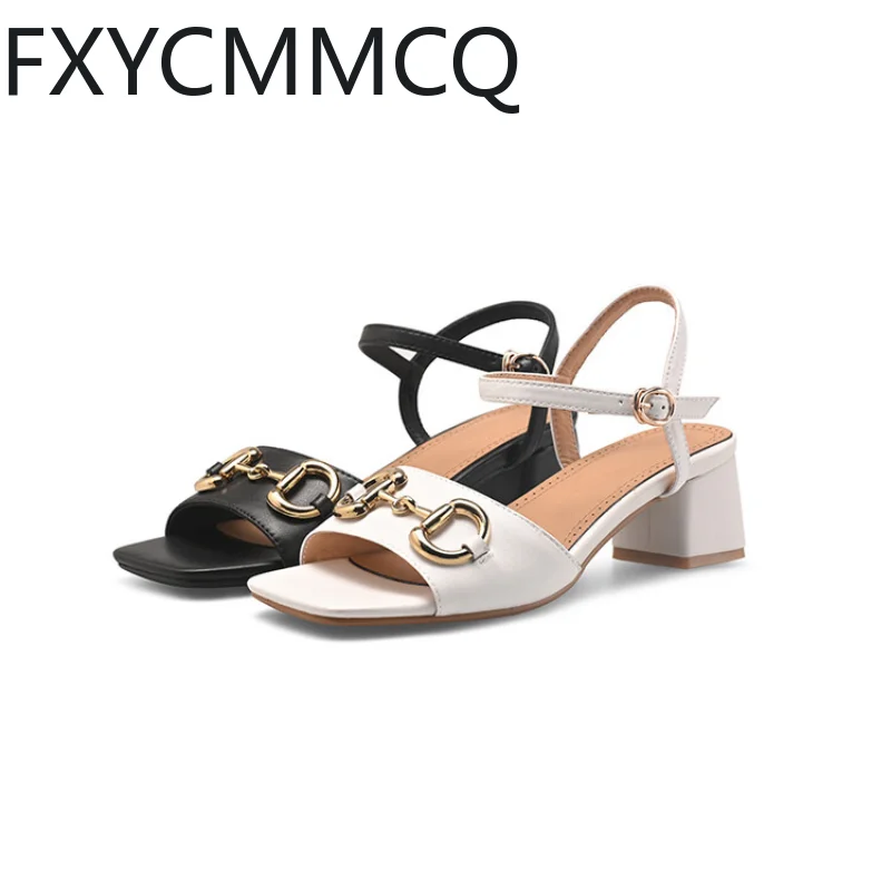 FXYCMMCQ 2023 Women's Summer New Leather Buckle Mid-heel Sandals Size 32-46 23-17A