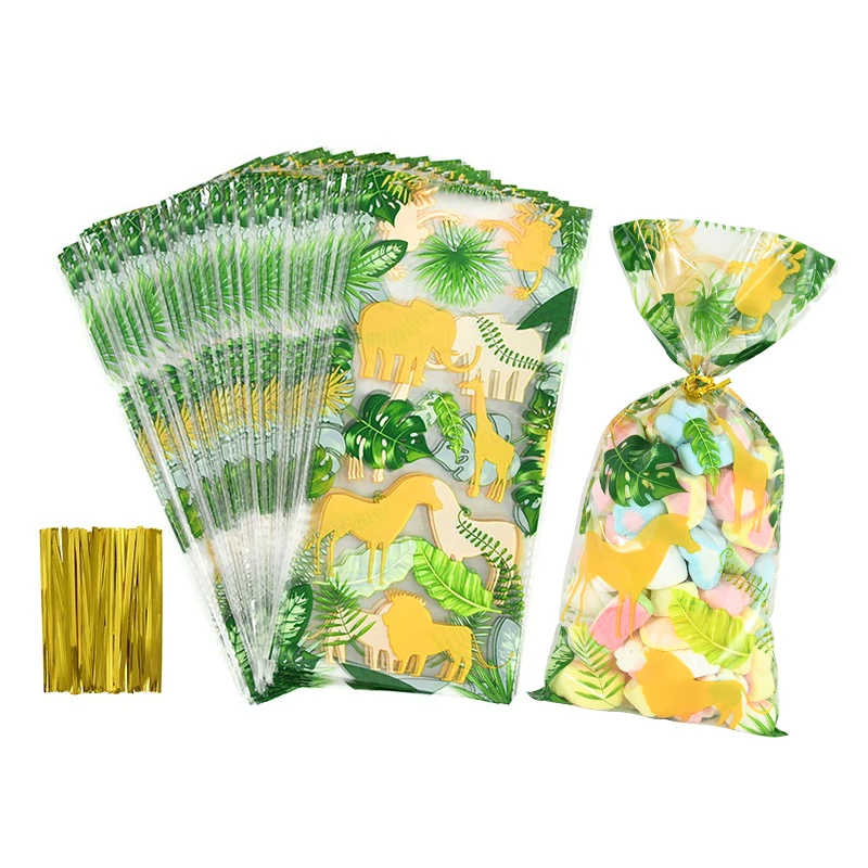 

20pcs Palm Leaves Candy Bags Jungle Safari Cookie Goodie Plastic Bag Hawaiian Birthday Party Favor Wild One Packaging Decoration