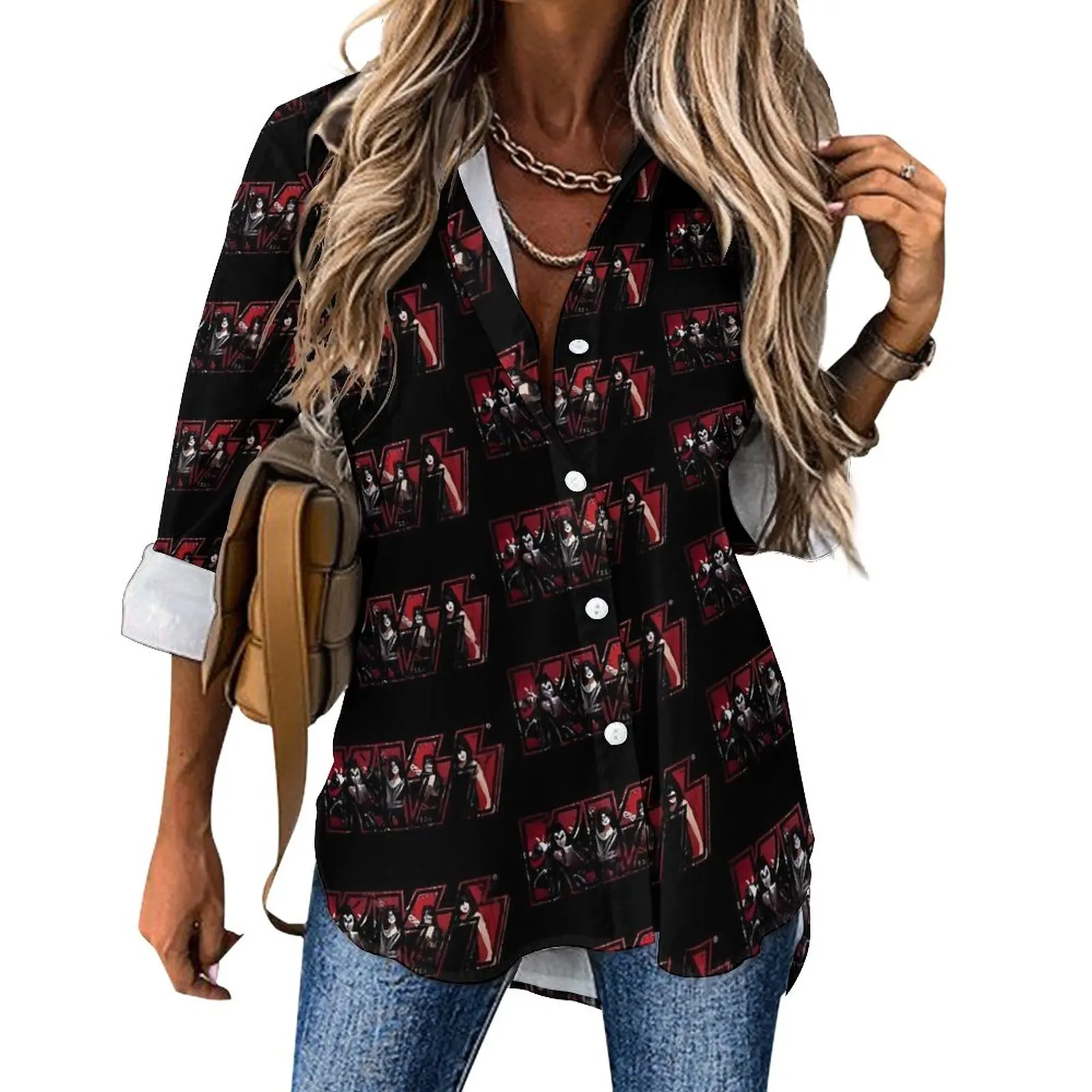 

Kiss Band Casual Blouse Long-Sleeve Colorful Print Vintage Blouses Women Street Style Oversize Shirts Graphic Top Gift