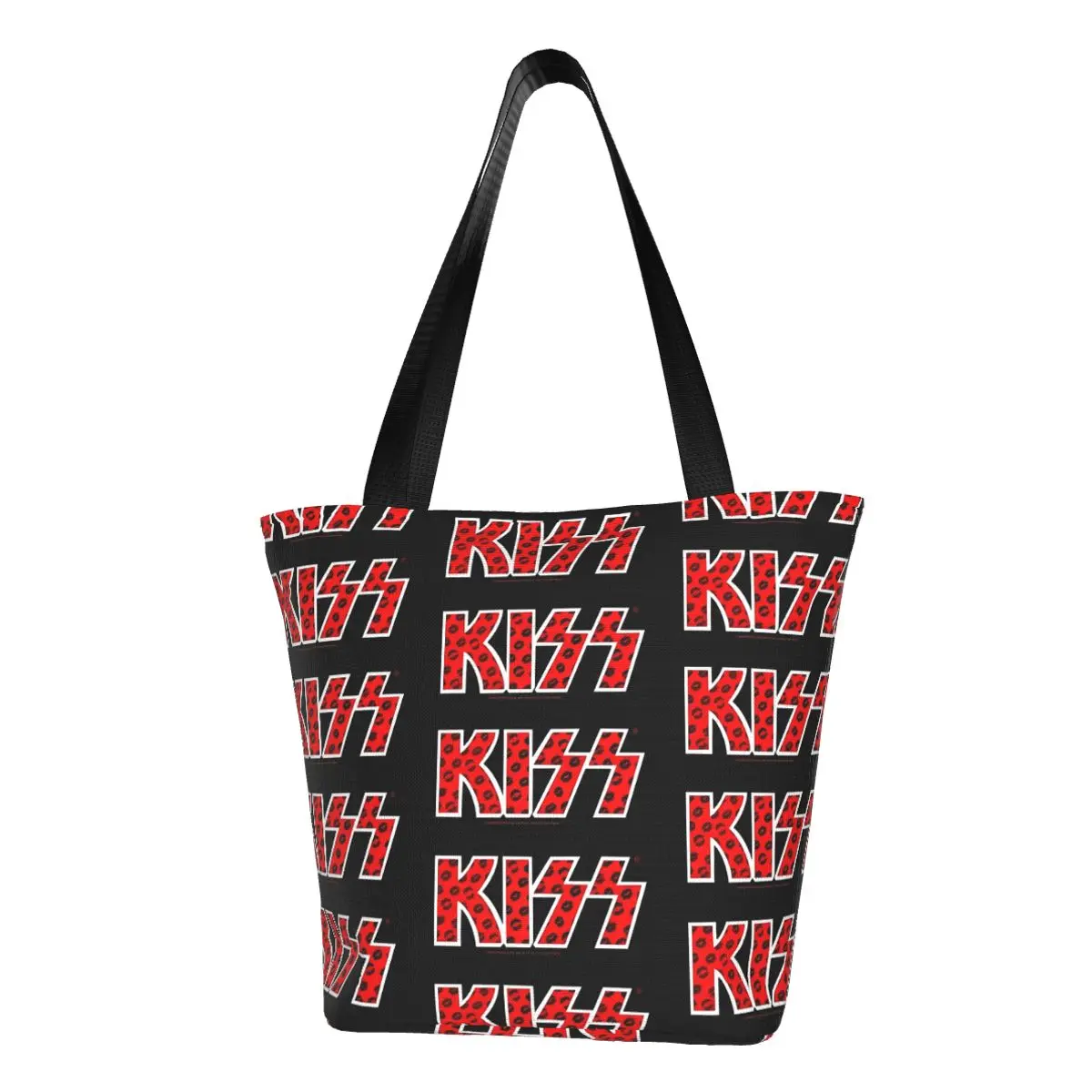 

Сумка-шоппер Kiss Band, Пляжная Сумочка с черными губами и логотипом, Женская графическая сумка на плечо, шоппер из полиэстера