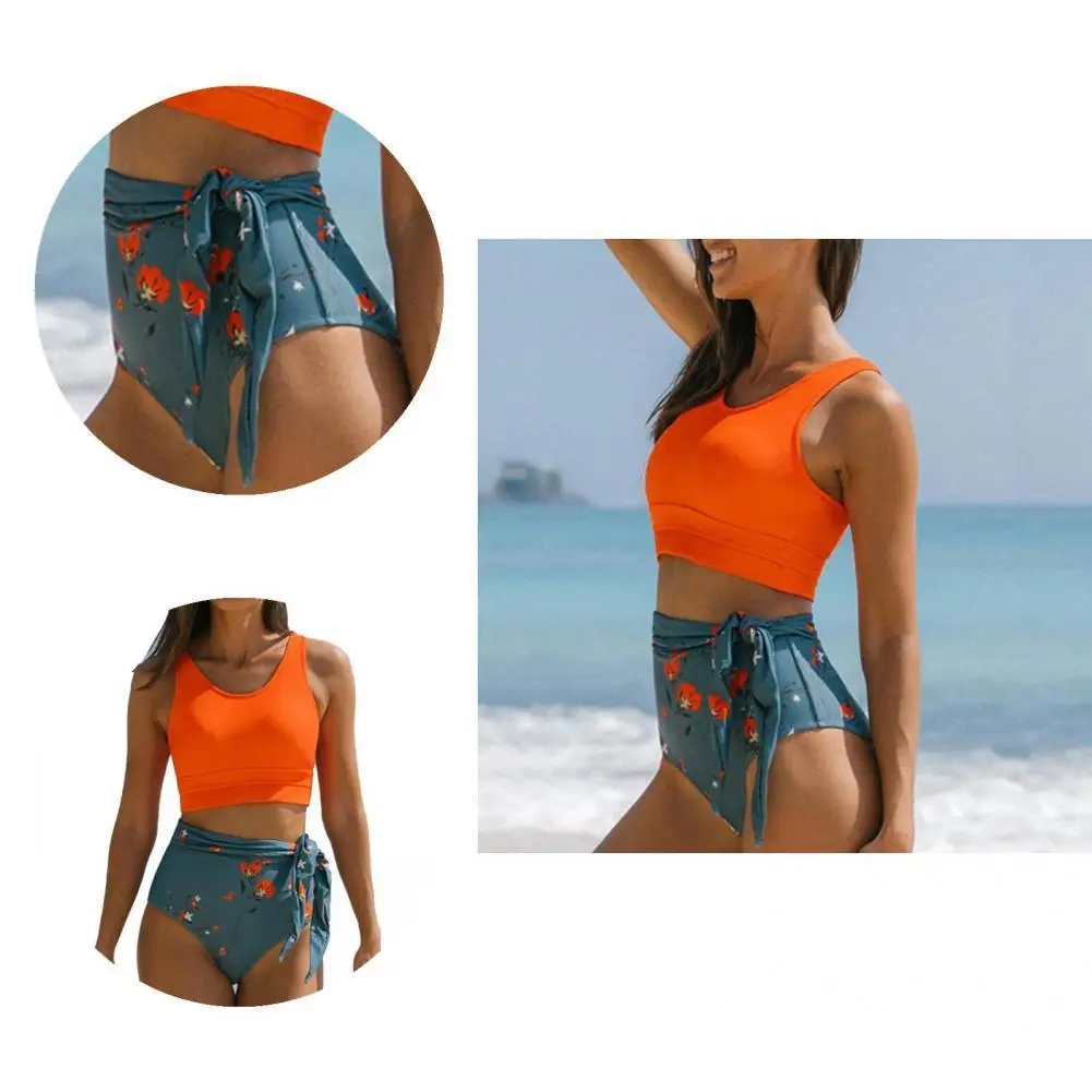 

Stylish Bra Briefs Set Wire Free Quick Drying Ladies Swimsuit Pure Color Top Print Bottom Swimming Costume
