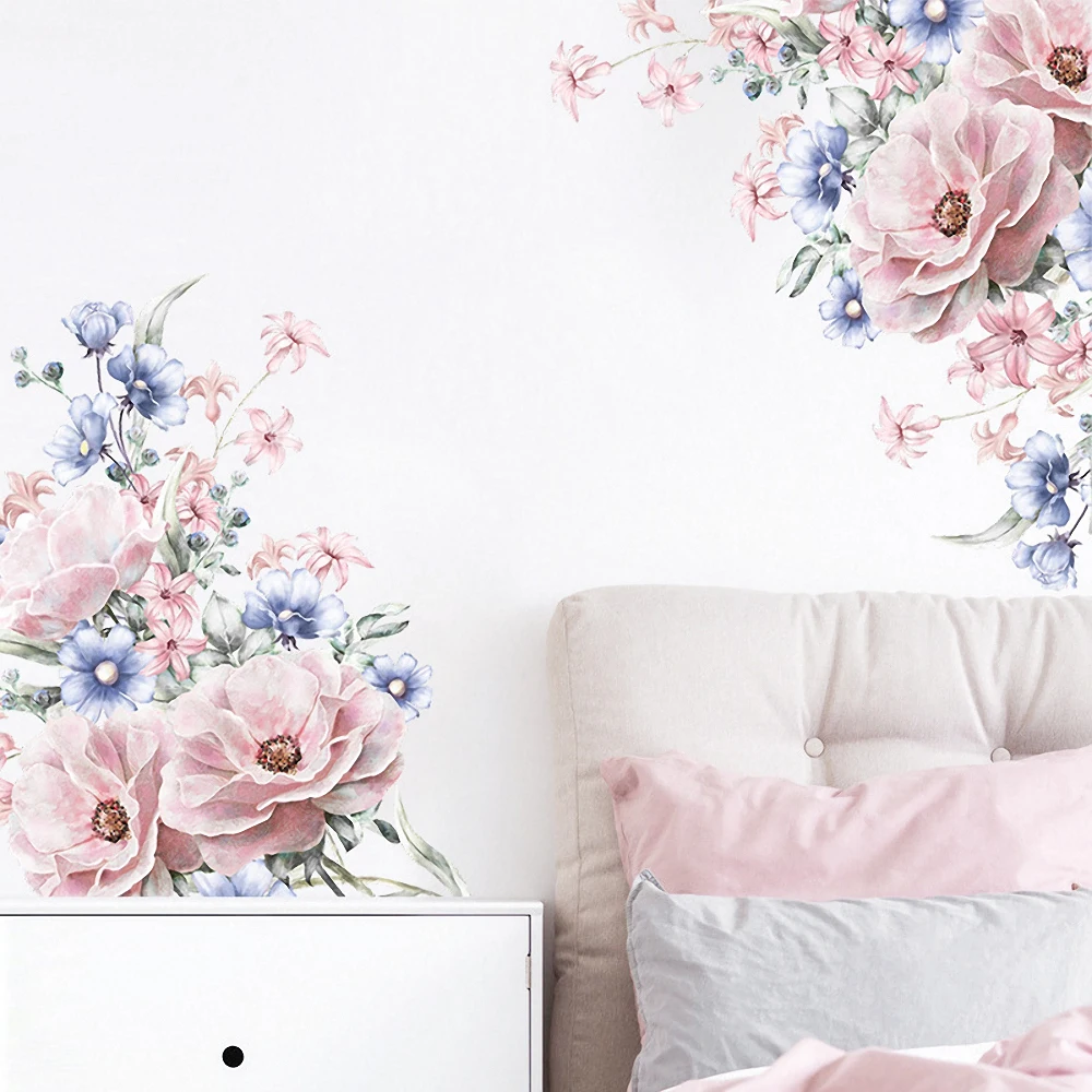 

Pretty Flowers Wall Sticker Pink Blue Flowers Removable Bedroom Living Room Background Home Decoration Flower Art Home Decor