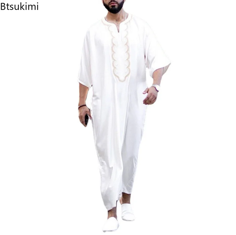 Muslim Fashion Vintage Loose Kaftan Robes Men Long Sleeve Fashion Jubba Thobe Man Leisure Solid Pattern Islamic Clothing Abayas