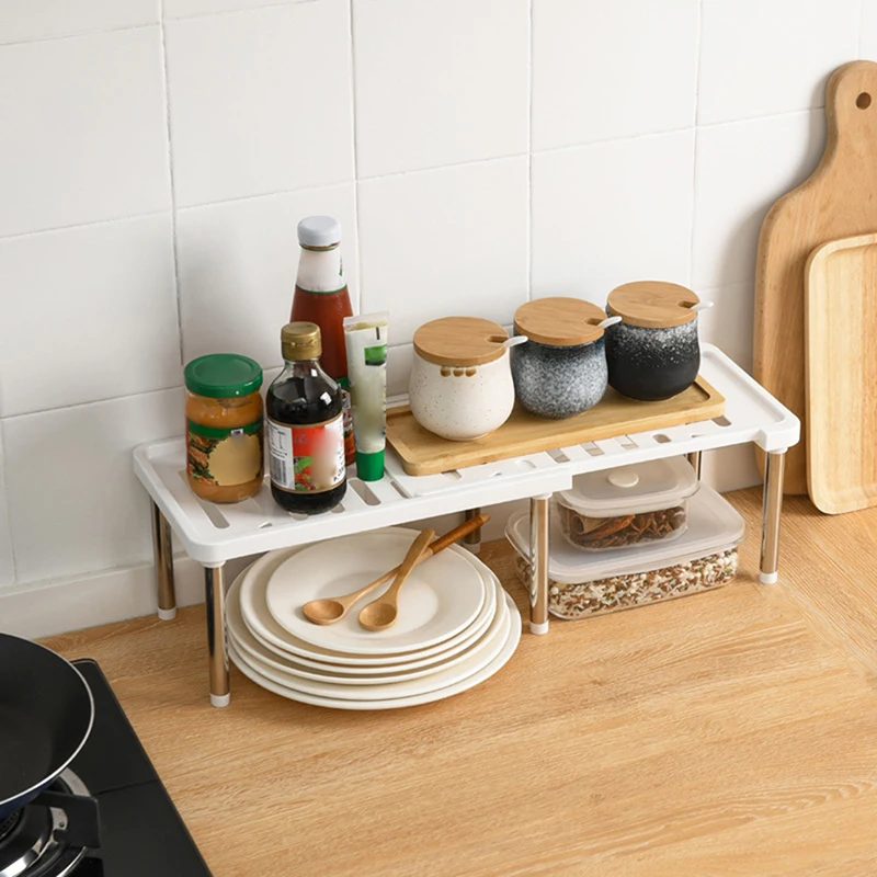

Kitchen Home Retractable Stackable Organizer Cabinet Storage Shelf Spice Rack Fit for Kitchen Bathroom Plastic Cabinet Holders