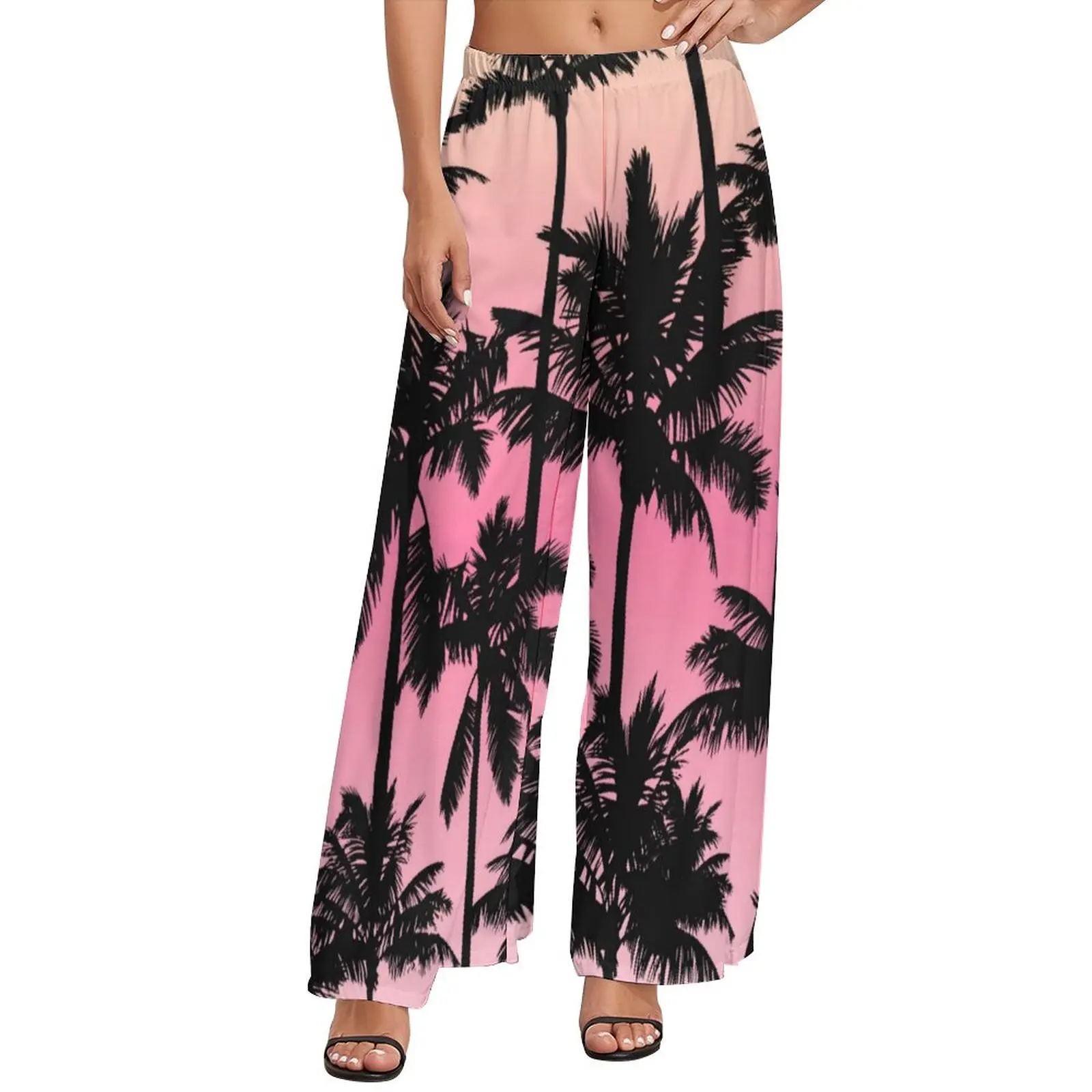 

Брюки женские пляжные с принтом, повседневные широкие брюки с принтом пальмы, оверсайз, прямые штаны с графическим принтом