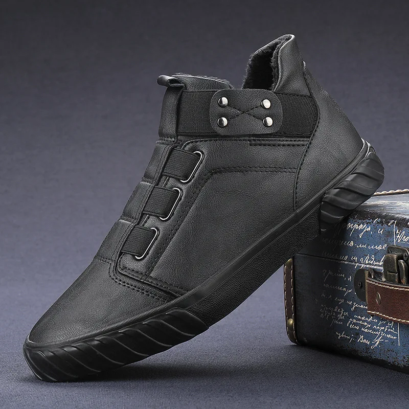 

9957M Winter Men Boots Shoes Men Plush Inside Slip-On High Tops Warm Leather Casual Shoes Thick Leather Snow Boots