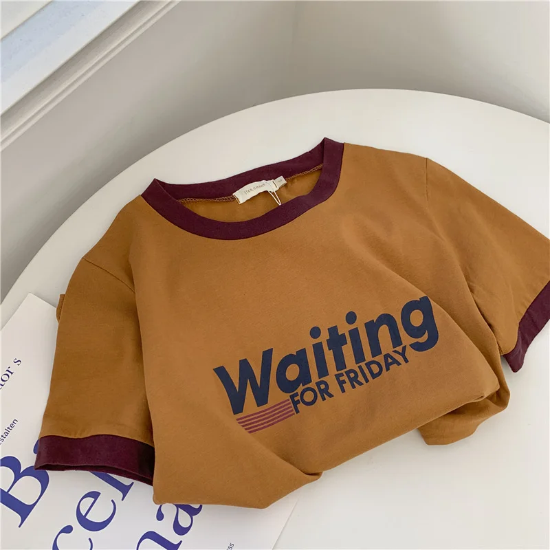 

Vintage Pumpkin Yellow Contrast Women T-shirt Summer O-neck Letter Print Thin Cotton Short Sleeve T-shirts Women's Tops 2022
