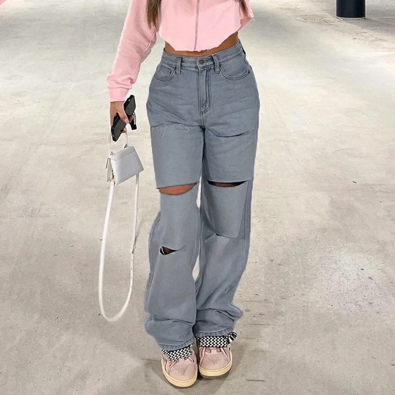 

Women Jeans High Waist Vintage Fashion Streetwear Wild Straight Pants Sexy Holes Ripped Stylish All-Match Trousers