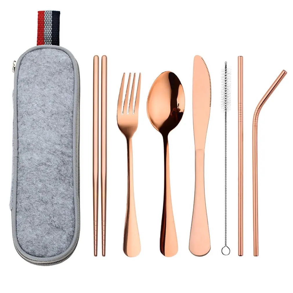 

8Pcs/set Tableware Reusable Travel Cutlery Set Camp Utensils Set with stainless steel Spoon Fork Chopsticks Straw Portable case