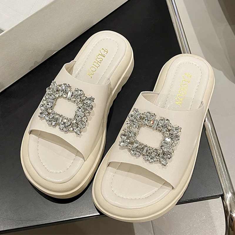 

Fashion Women Thick Slippers Crystal Flats Platform Shoes Summer Casual Sandals 2023 New Trend Dress Flip-flops Women Slides