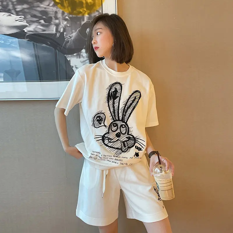 

Summer Short-sleeved Cotton Leisure Loose Sport Running Two-piece Suit New Female 2022 Shorts Fashion Tshirt Crop Top Animal Y2k