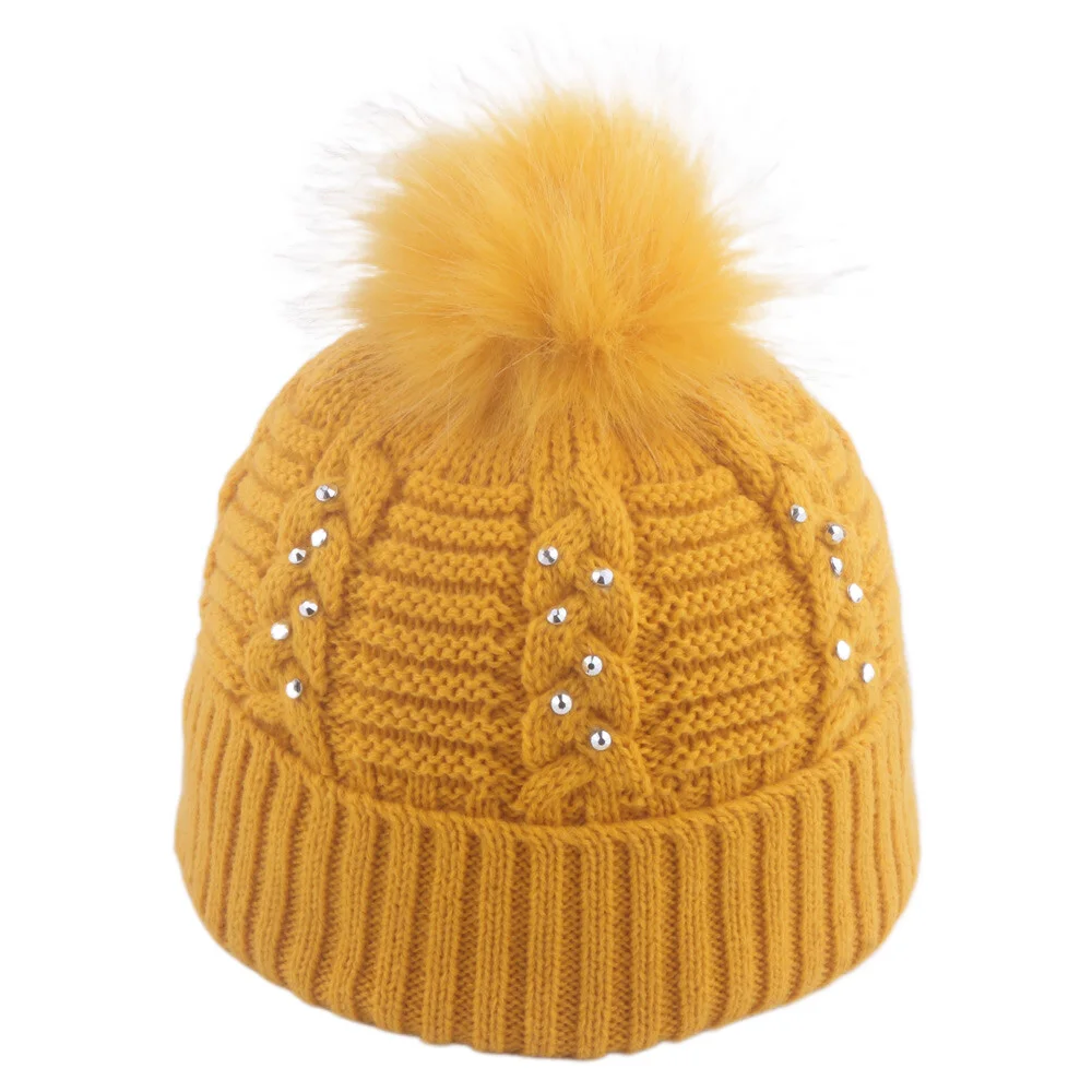 

2-8years Rhinestone Studded Kids Pom Pom Beanies Warm Hats for Girls Winter Autumn Knitted Hats Yellow White Dark Red Dusty Pink