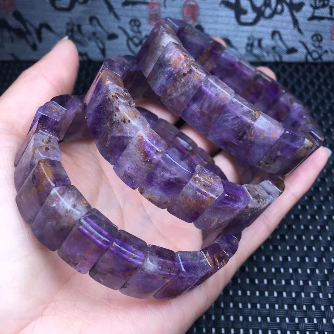 

1 Pc Fengbaowu Natural Amethyst Purple Phantom Quartz Rutilated Super 7 Auralite 23 Square Bracelet Crystal Reiki Healing Stone