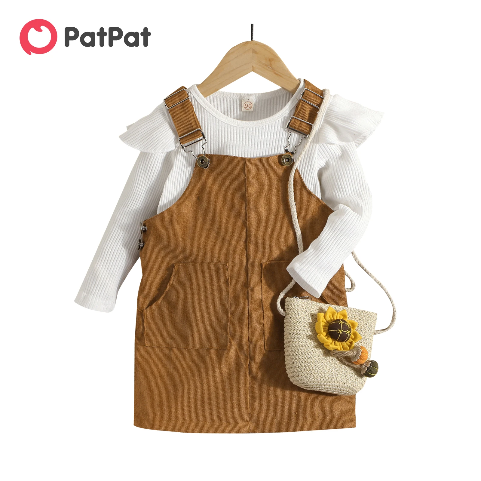 

PatPat 2pcs Toddler Girl Sweet Ruffled Ribbed Cotton Tee and Adjustable Corduroy Overall Dress Set