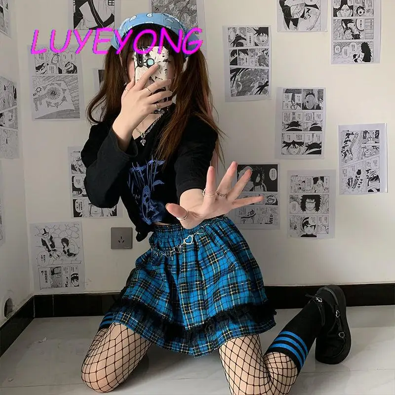 Корейская мода Y2k Милая клетчатая кружевная короткая юбка с эластичной талией