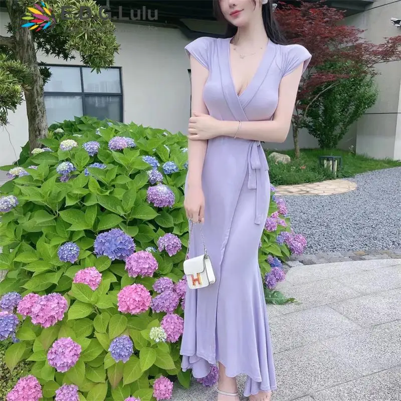

EDGLuLu Deep V-neck High Waist Lace-up Bow Asymmetrical Maxi Dresses For Women Elegant Short Sleeve Purple Mermaid Dress 0614