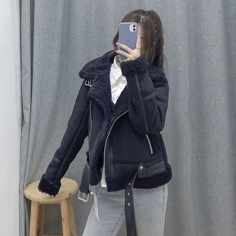 Autumn Winter Women Faux Lamb Fur Thick Warm Jacket with Belt Streetwear Female Zipper Turndown Collar Coat Outwear