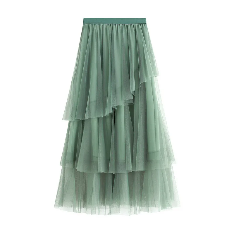 Green Pink Maxi Long Tulle Skirt Women Fashion Korean Elegant Elastic High Waist A-line Tutu Skirt Female Jupe Longue
