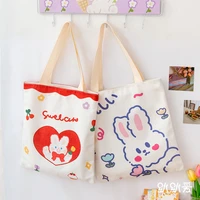 cartoon double sided print canvas bag for women girls 2022 fashion red bunny bear cute tote female handbag eco shopping bags