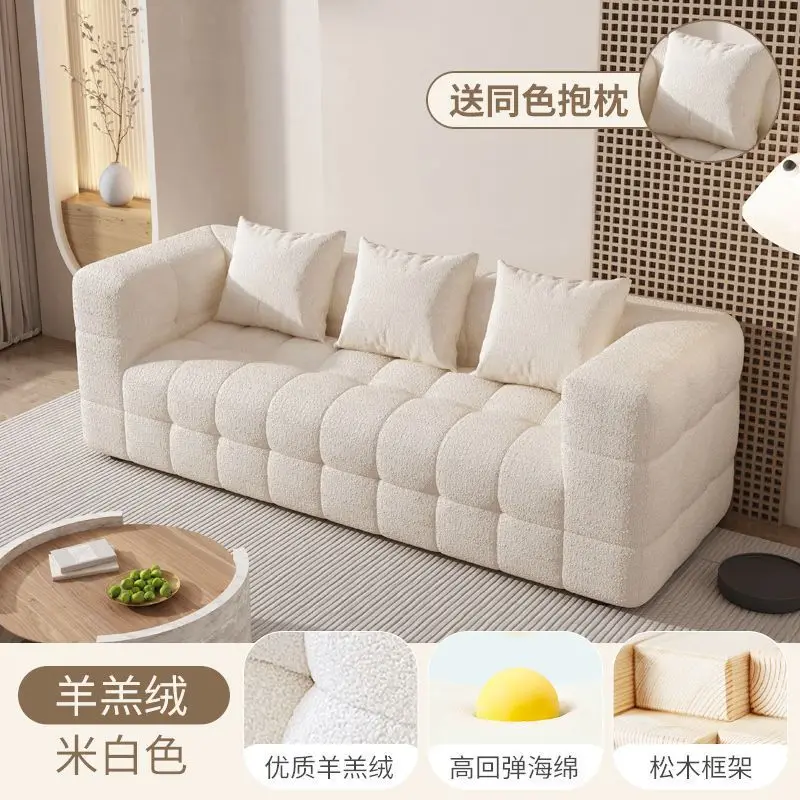 

Cream style lamb velvet fabric sofa, small living room, ins style, simple cotton candy, Nordic three person sofa
