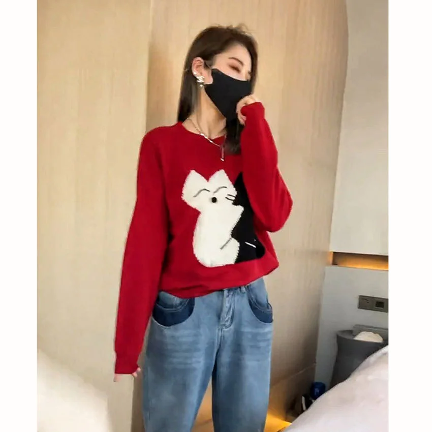 

Aging Cartoon Jacquard Warm Knit Women's Autumn and Winter 2021 New Loose Lazy Sweater