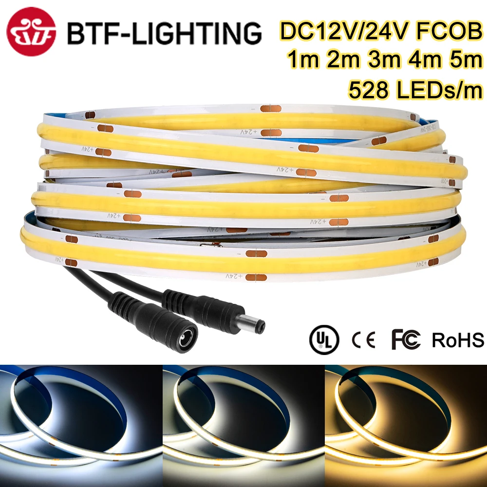 FCOB LED Strip Light 336 416 528 LED High Density Flexible FOB COB Led Light RA90 Warm Nature Cool White Linear Dimmable 12V 24V