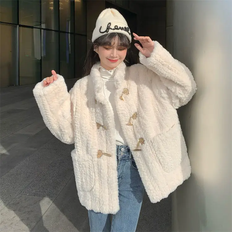Lamb coat women's autumn winter thickened 2022 new Korean cowhorn button small cotton jacket  Cashmere  Thick （Winter)