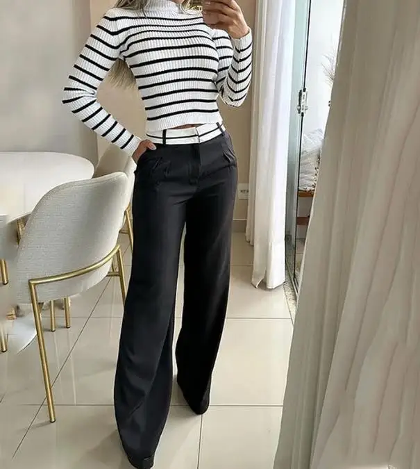 

Fashionable Women's Pants Set 2023 Long-Sleeved Knitted Half-Turtle Collar Striped Top and Loose Straight Pants Two-Piece Set