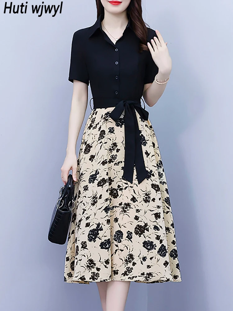 

Летнее черное лоскутное миди-платье с имитацией двух частей, женское офисное платье-рубашка с коротким рукавом, повседневное элегантное же...