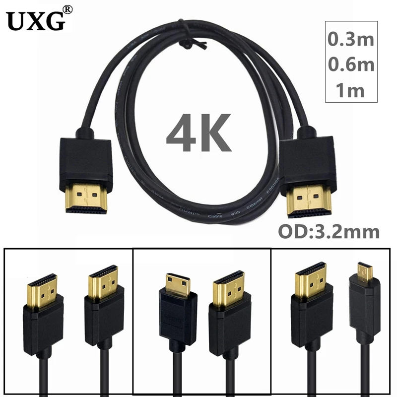 OD 3.2mm Super Soft HDMI Male To Micro Mini HDMI-compatible Thin Short Cable 2k 4k Hd @60hz Light-weight Portable 30cm 60cm 1M