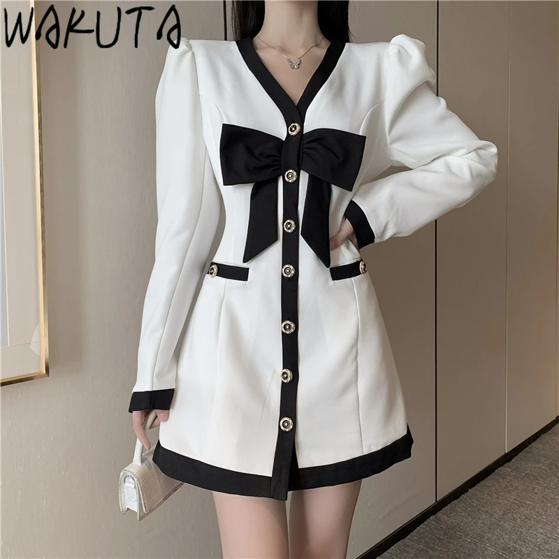

WAKUTA Bow Elegant Single Breasted Slim Dress Ladies Korean Designer V Neck Offical Party Fashion Female Mini Dresses for BB71