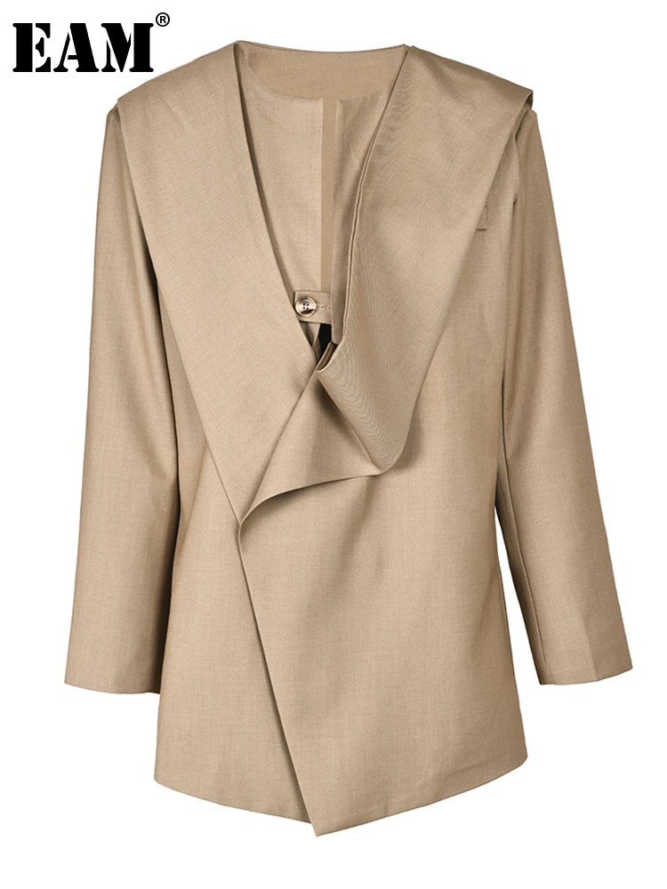 

[EAM] Women Camel Irregular Big Size Blazer New O-neck Long Sleeve Loose Fit Jacket Fashion Tide Spring Autumn 2023 1DF311604