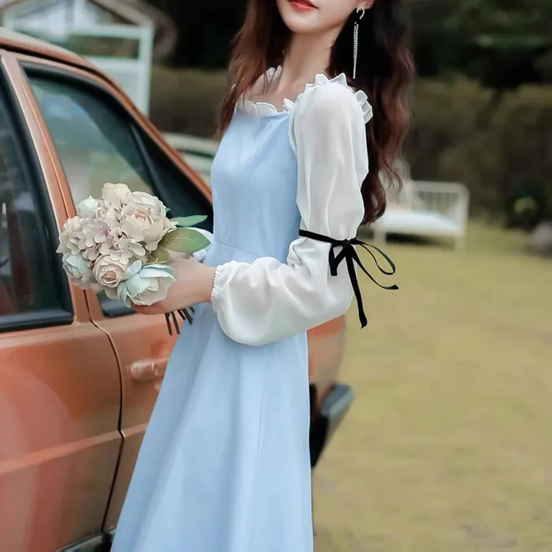 

Женское платье с квадратным вырезом, маленькое элегантное корейское платье с квадратным вырезом, весна-осень