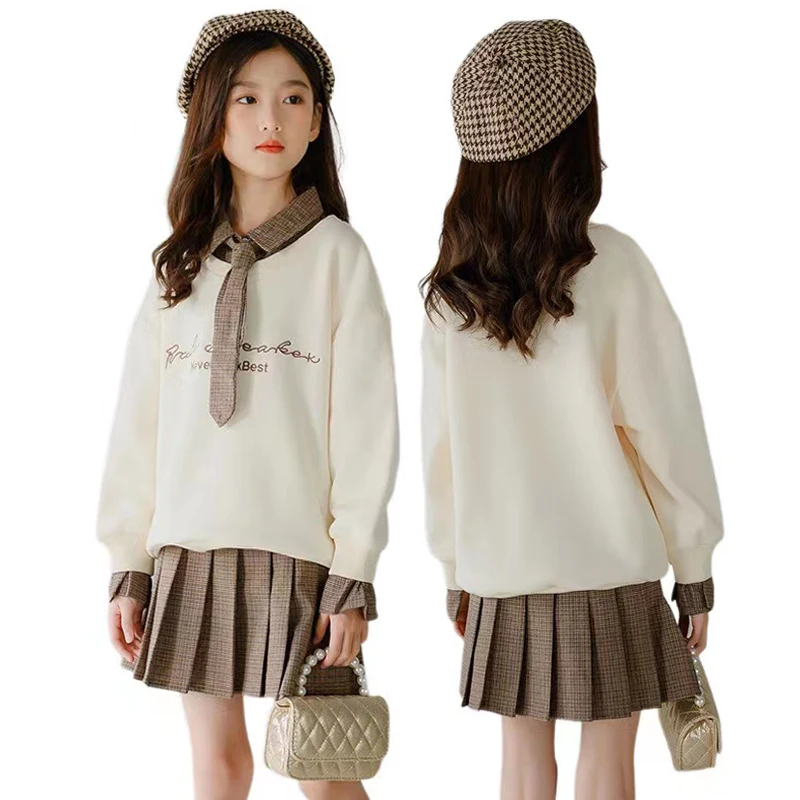 

Girls Spring Autumn Suit Kid Sweatshirt and Pleated Skirts 2 Pcs Suit Teenager Children Winter Warm Fashion Clothing 3-14 Year