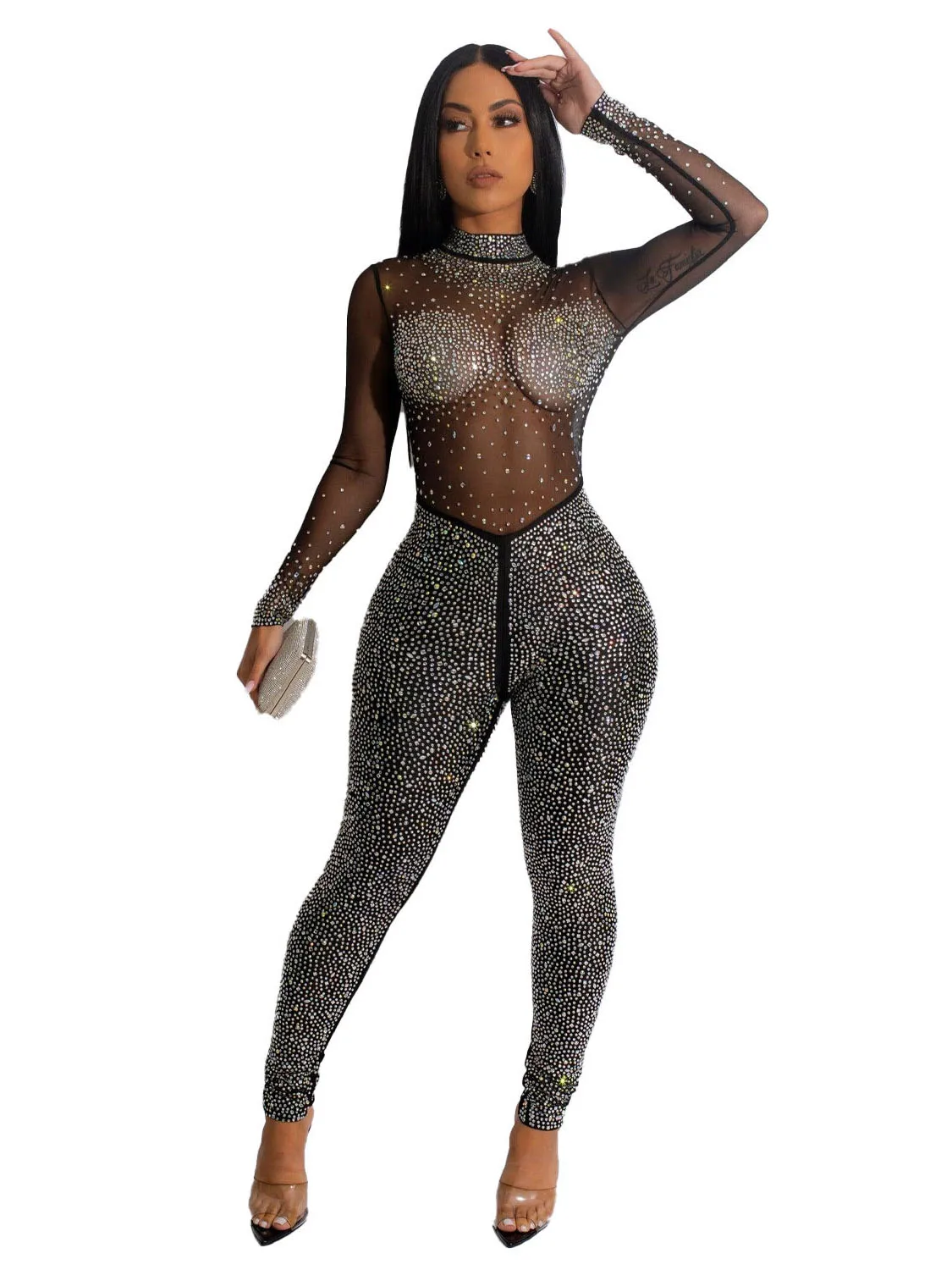 

Сетчатый Стразы Облегающий комбинезон для женщин Клубная одежда комбинезоны прозрачные наряды для вечерние вечерний ночной клуб