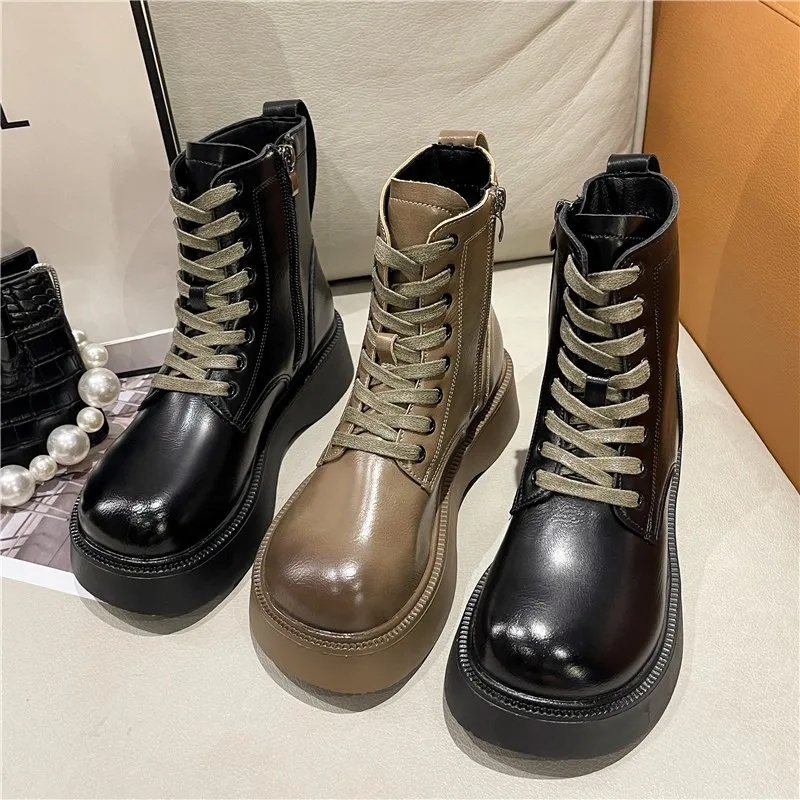 

Женские ботинки в британском стиле, Новинка осени 2023, кожаные короткие однотонные ботинки с круглым носком, женские ботинки на квадратном к...