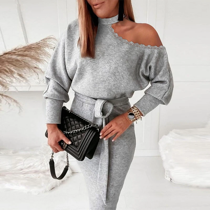 

Female Solid Color Long Sleeve Party Dress Elegant Off Shoulder Lace Patchwork Dress New Fashion Waist Lace-up Office Midi Dress