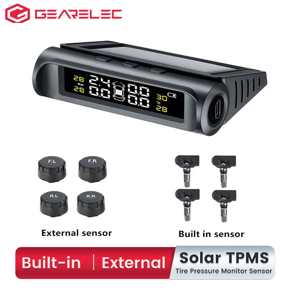 

Car TPMS Adjustable Angle Auto Tire Pressure Monitoring Tyre Temperature Alarm Warning System Wireless Solar with 4 Sensors