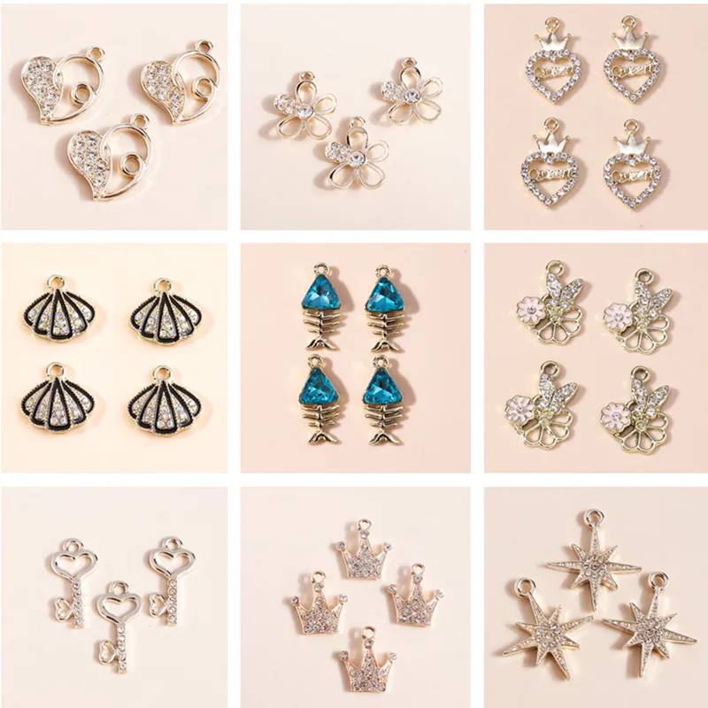 

10pcs Cute Crystal Love Heart Key Flower Charms Pendants for Making DIY Earrings Necklaces Handmade Keychains Jewelry Findings