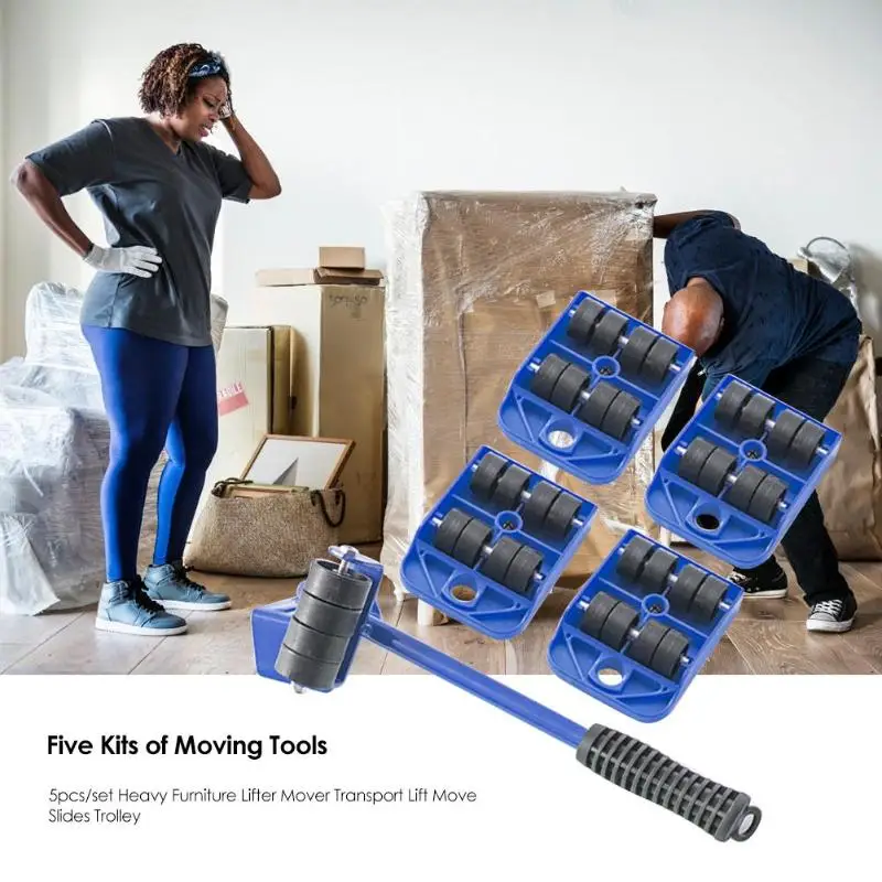 

5pcs/set Furniture Mover Tool Set Heavy Furniture Lifter Mover Transport Lift Move Slides Trolley Hand Tools Set professional